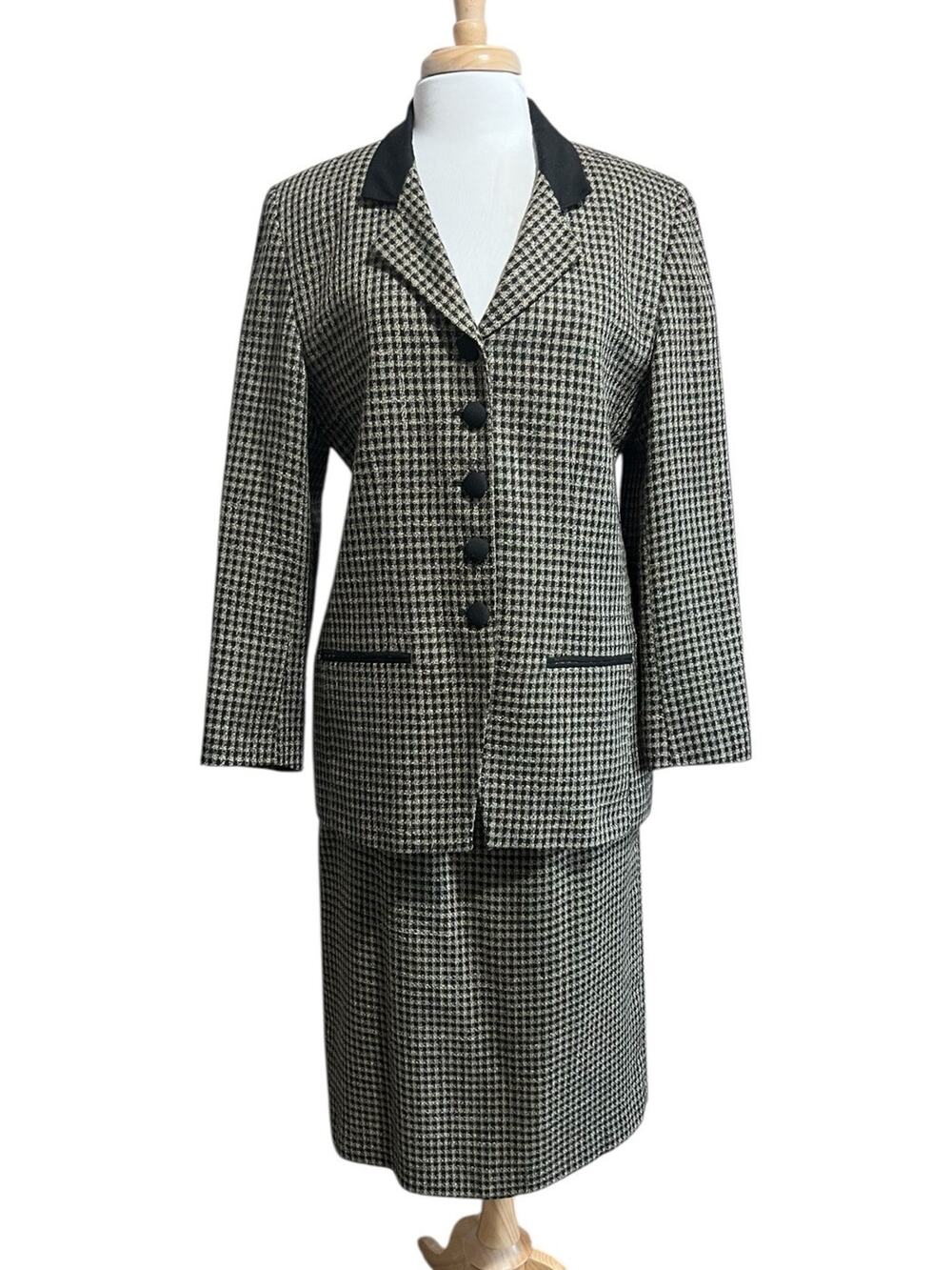 Vintage Tailor Flex Womens 12 Houndstooth Plaid Tweed Classic Blazer Skirt Suit